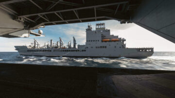 El USNS Harvey Milk realiza una reposición en el mar con el USS Gerald R. Ford en el Océano Atlántico.